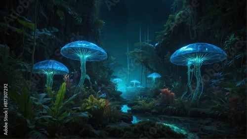 Mysterious Glowing Mushrooms in Enchanted Forest at Night © Pikay Productions