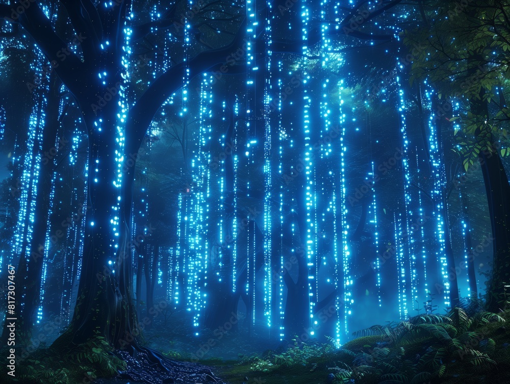 Obraz premium Magical Forest with Glowing Blue Digital Lights at Night