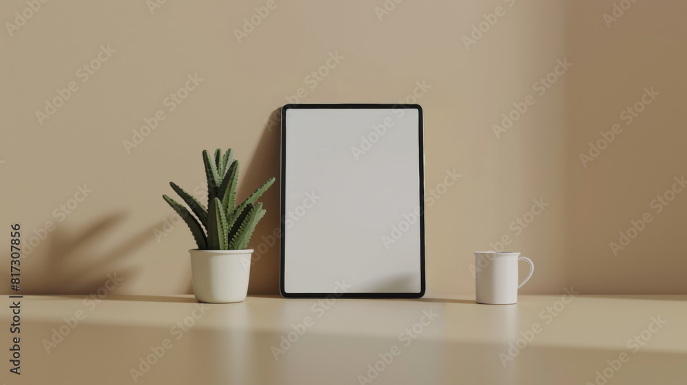 Mockup empty, blank ipad pro screen with 4:3 ratio, sitting beside cactus, coffee cup on the table, minimalist, on a beige desk, ultra realistic Mockup empty, blank ipad pro screen with 4:3 ratio, sitting beside cactus, coffee cup on the table, minimalist, on a beige desk, ultra realistic