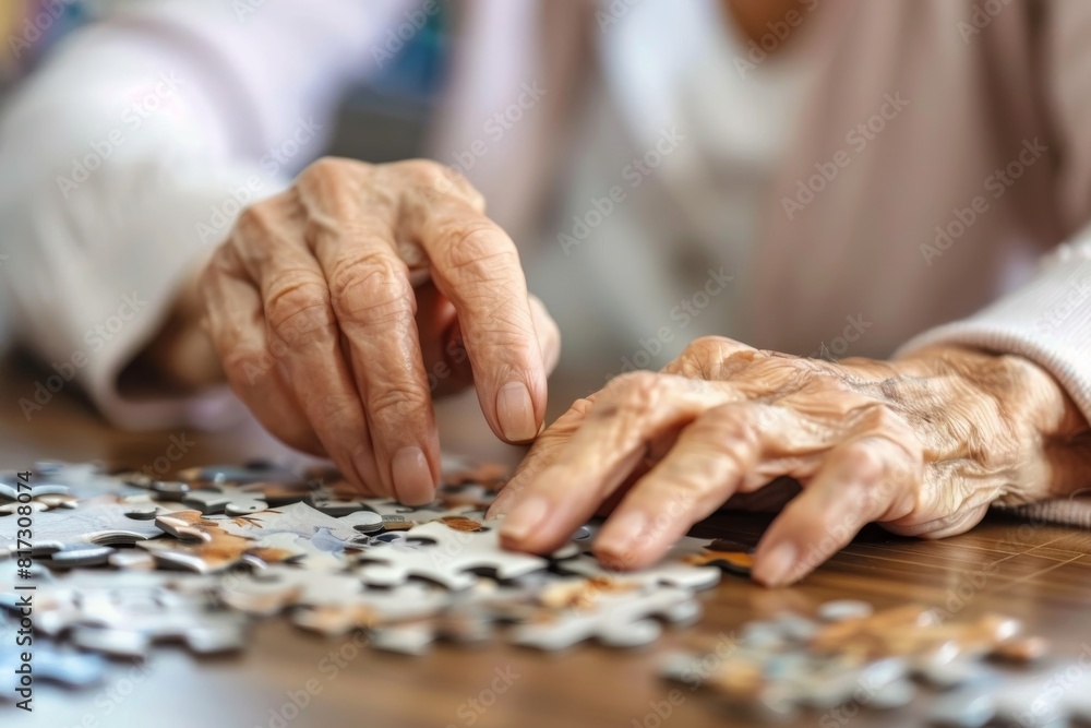 Older adults' hands are seen arranging pieces of a jigsaw puzzle on a wooden table Older adults' hands are seen arranging pieces of a jigsaw puzzle on a wooden table