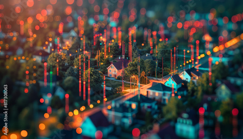 Vibrant image depicting real estate data flowing from one database to another securely. Emulate neighborhood with data flowing. 