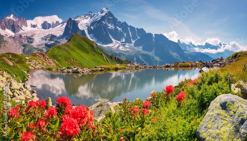 colorful summer panorama of the lac blanc lake with mont blanc monte bianco on background