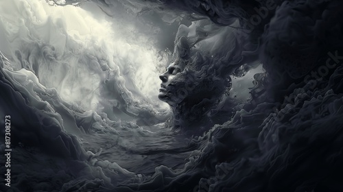 Surreal Artistic Depiction of Face Emerging from Abstract Smoky Clouds