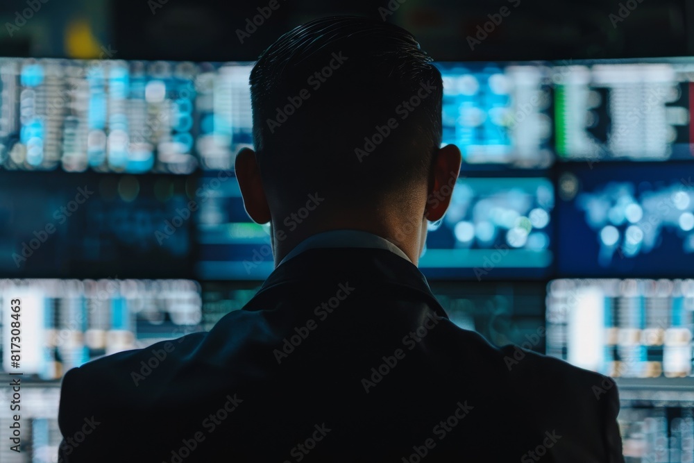 A man in a suit seen from behind stares at financial data across multiple monitors in a dark room A man in a suit seen from behind stares at financial data across multiple monitors in a dark room