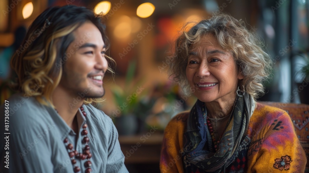 a hispanic male psychologist helps an elderly caucasian woman with mindfulness in a calming room, focusing on mental health a hispanic male psychologist helps an elderly caucasian woman with mindfulness in a calming room, focusing on mental health