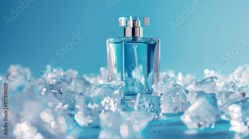 Perfume bottle taken from a very low angle. the background is gradient blue. the parfume is surronded by big clear ice pillars photo