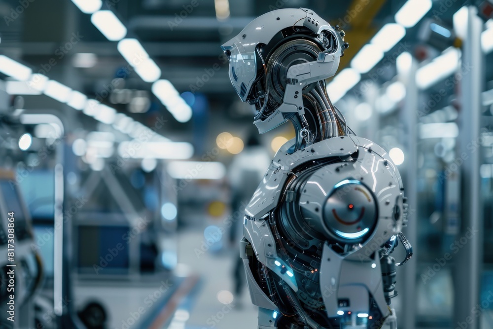 Fototapeta premium A robot is standing in a factory. The robot is white and has a blue face