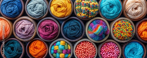 Colorful yarn balls lined up in neat rows