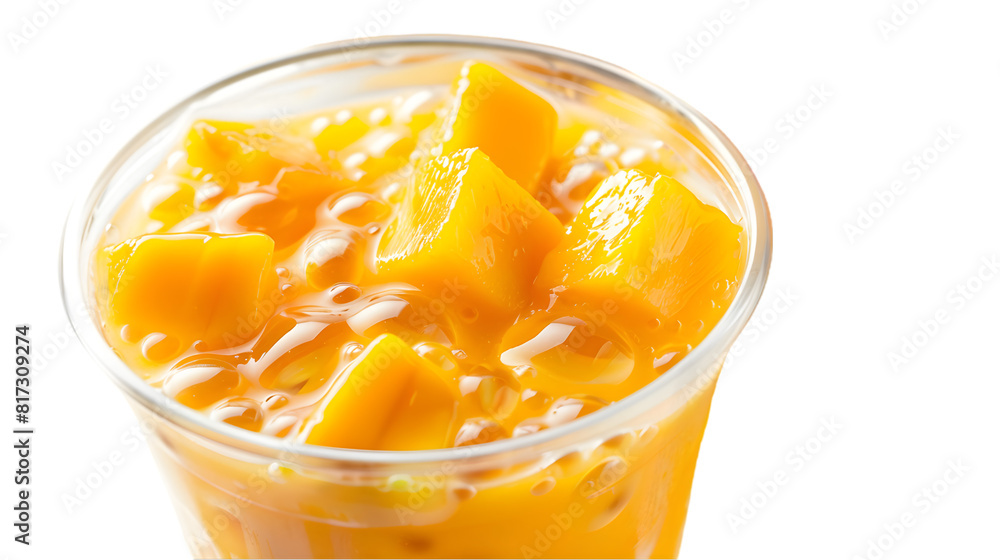 A mango-flavored bubble tea with bright mango cubes and tapioca pearls in an ultra-clear cup, perfectly, transparent background A mango-flavored bubble tea with bright mango cubes and tapioca pearls in an ultra-clear cup, perfectly, transparent background