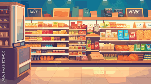 Supermarket interior flat vector illustration. Groc
