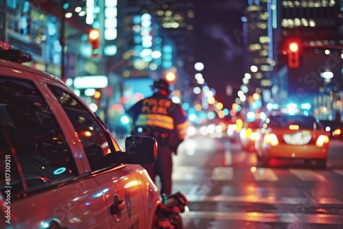A police officer visible near a patrol car with city night lights in the blurred background
