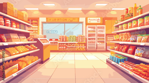 Supermarket interior flat vector illustration. Groc