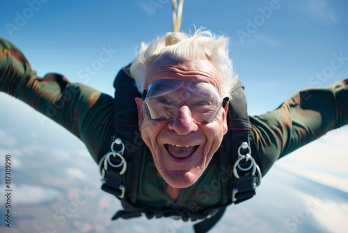 Exciting image of an adrenaline-filled skydiving experience, showing a skydiver in freefall with a blurred face against the beautiful blue sky and clouds