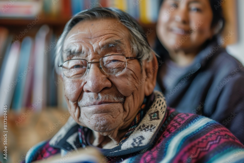 A smiling elderly man in a colorful sweater with a young female caregiver in a background of library shelves A smiling elderly man in a colorful sweater with a young female caregiver in a background of library shelves