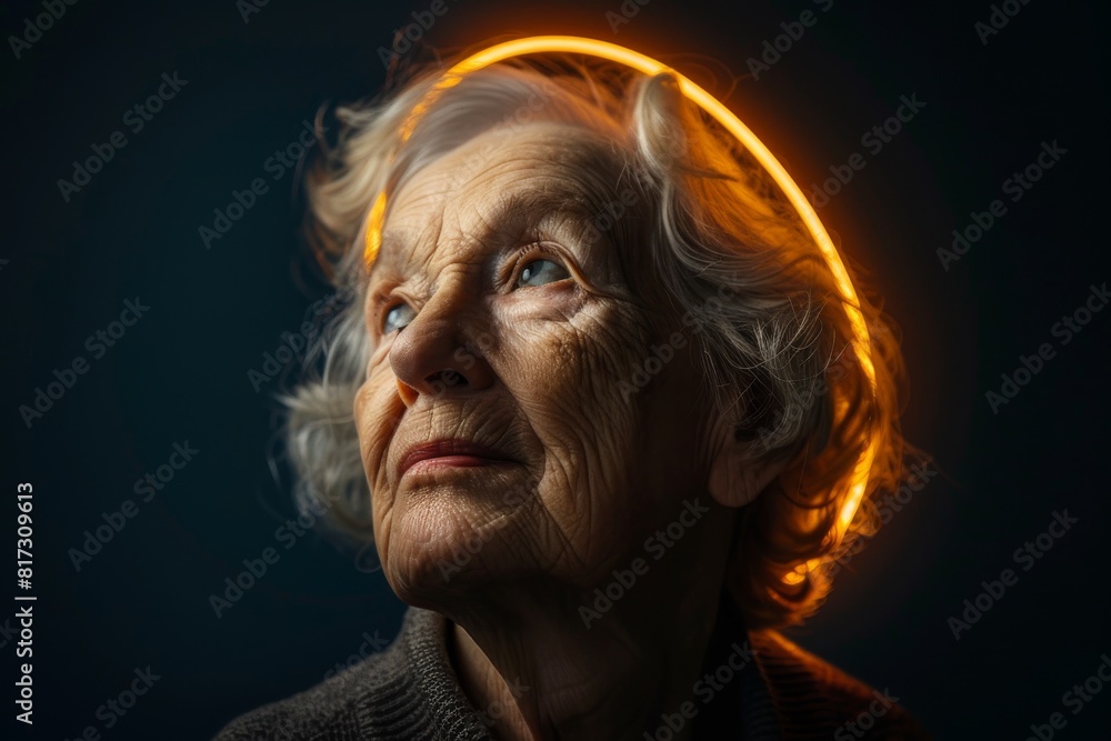 A soft-focused side portrait of a person sporting a glowing light halo effect behind the head A soft-focused side portrait of a person sporting a glowing light halo effect behind the head