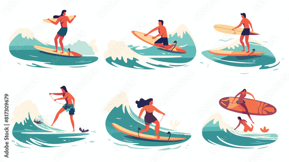 Surfer people riding surfboards set. Man and woman