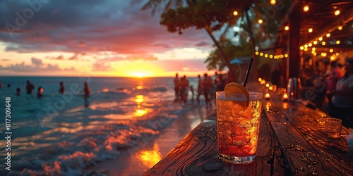 Various delicious cocktails on the bar counter against the background of palm trees