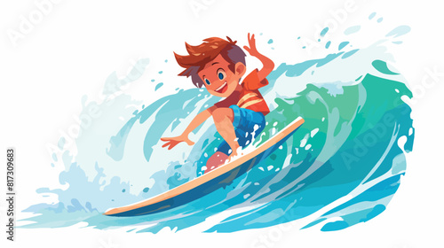 Surfer kid riding surfboard on water wave in sea. C