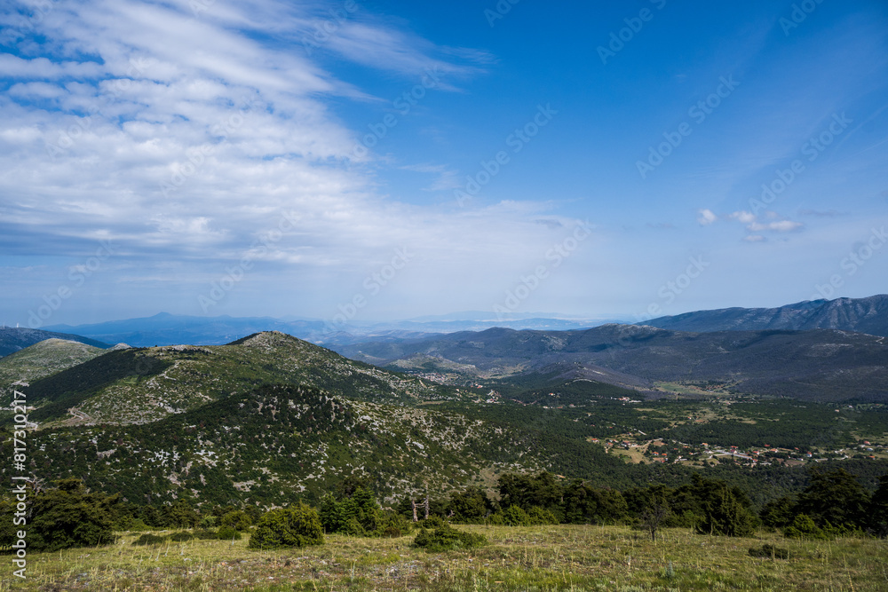Landscape with mountains and blue sky at Kithaironas mountain in Greece.