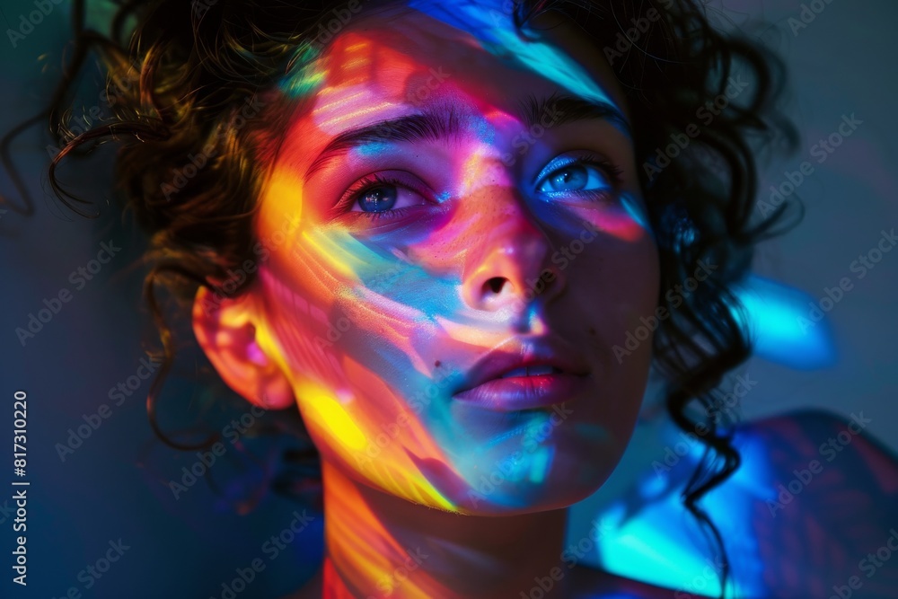 Artistic photo of a woman's face bathed in multi-colored light patterns, exuding creativity and expression