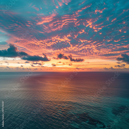 AI generated illustration of the sunset with sky full of spiral clouds over the Caribbean