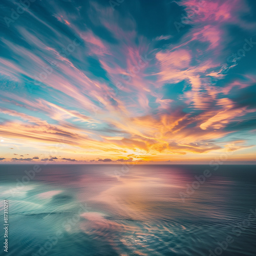 AI generated illustration of the sunset with sky full of spiral clouds over the Caribbean © Wirestock