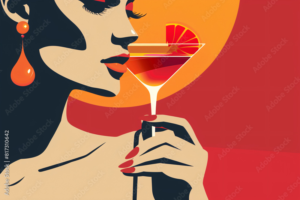 Stylized illustration of a woman holding a cocktail glass with orange slice against a vibrant background Stylized illustration of a woman holding a cocktail glass with orange slice against a vibrant background