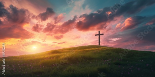 A serene landscape with a Christian cross on a flowering hill during a breathtaking sunset offering symbolism of faith and hope photo