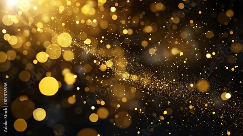 A 3D rendering of round golden confetti or sparkles on a black background, accompanied by gold luminous lines. The image is isolated on the black background.