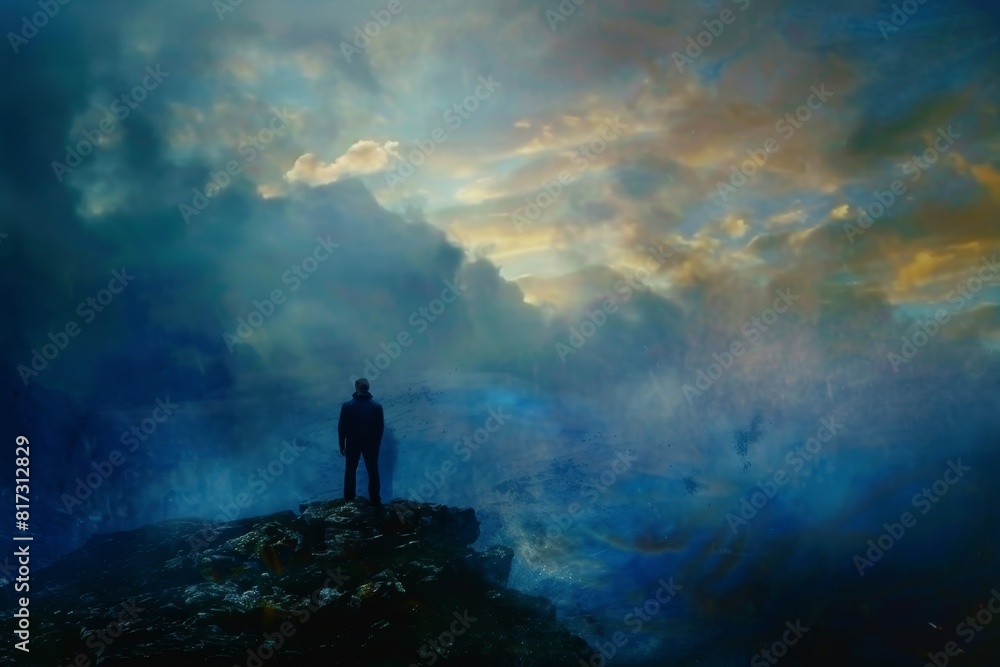 Man Standing on Mountain Summit With Clouds Background. Generative AI Man Standing on Mountain Summit With Clouds Background. Generative AI