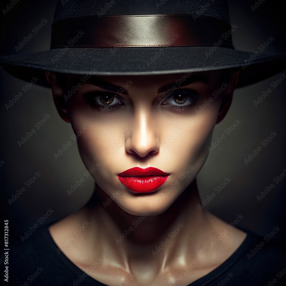 Elegance and mysticism: close-up portrait of a woman in a black hat Elegance and mysticism: close-up portrait of a woman in a black hat