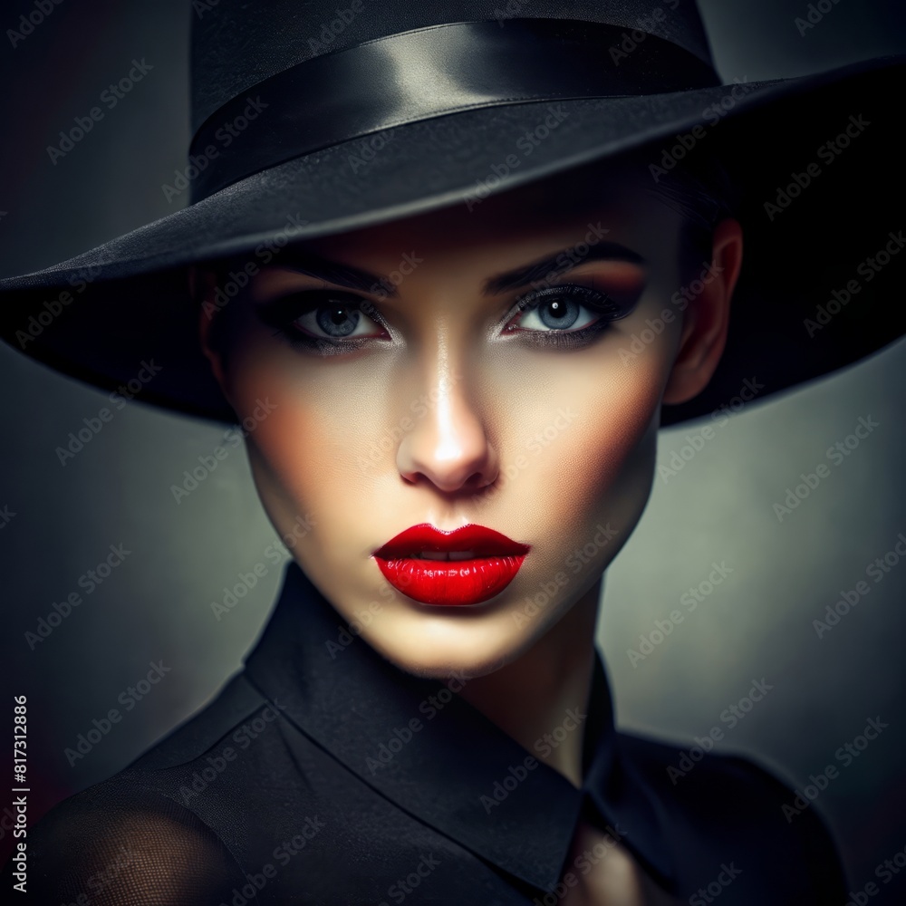 Mysterious woman in a black hat: close-up portrait against a dark background
Mysterious woman in a black hat: close-up portrait against a dark background