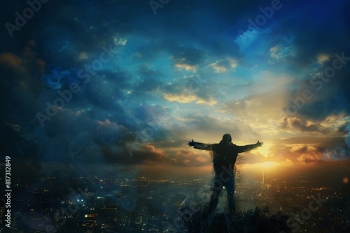 Wallpaper Mural Man Standing on Top of City With Arms Outstretched. Generative AI Torontodigital.ca