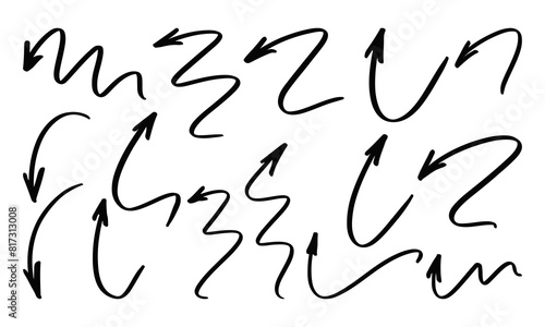 Fifteen curved handwritten arrows of different shapes. Set of vector doodles and squiggles