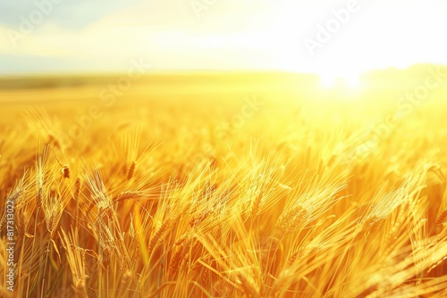 A field of golden wheat illuminated by the warm glow of the setting sun. Generative AI