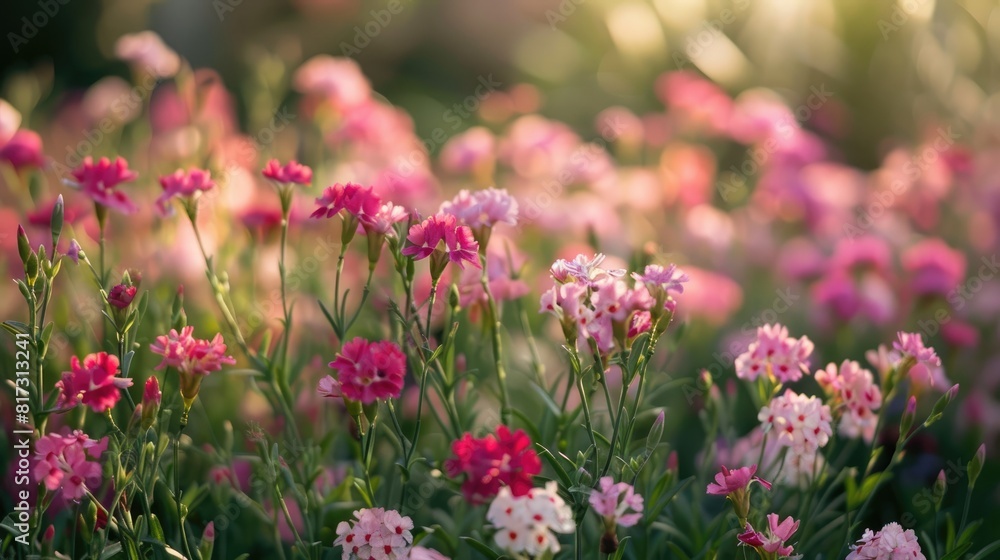 Gorgeous setting with vibrant Snowfire China Doll China Pink and pink Dianthus Dianthus chinensis flowers blooming in a natural field under the bright sun Gorgeous setting with vibrant Snowfire China Doll China Pink and pink Dianthus Dianthus chinensis flowers blooming in a natural field under the bright sun