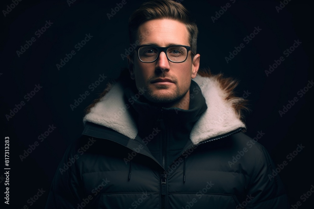 Adult male wearing winter coat staring into camera Confident man wearing eyeglasses and a winter coat standing in a dark room looking into camera with confident Adult male wearing winter coat staring into camera Confident man wearing eyeglasses and a winter coat standing in a dark room looking into camera with confident