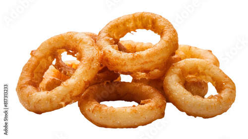  A neat pile of battered onion rings with their golden-brown crust illuminated perfectly, transparent background