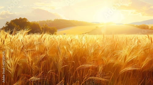 A golden wheat field glowing in the sunsets warm light. Generative AI