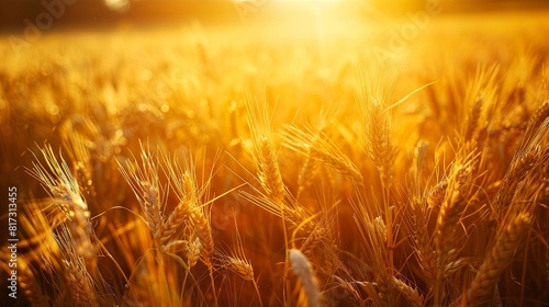 Field of golden wheat illuminated by the setting sun. Generative AI