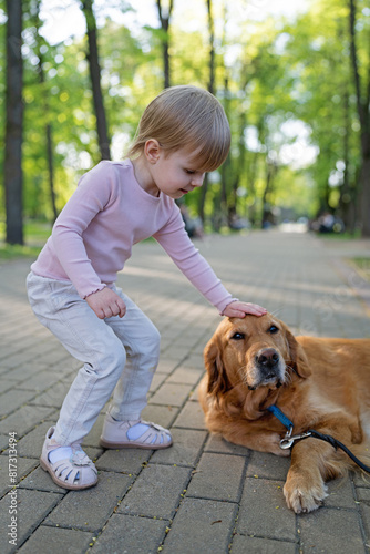 Child with dog. Child strokes Labrador Retriever dog on head in park. Animal care.