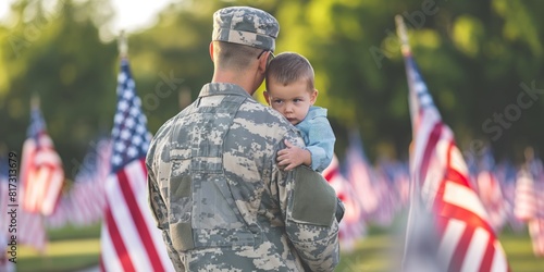 A soldier in uniform holding a child with American flags in the background, symbolizing duty and family