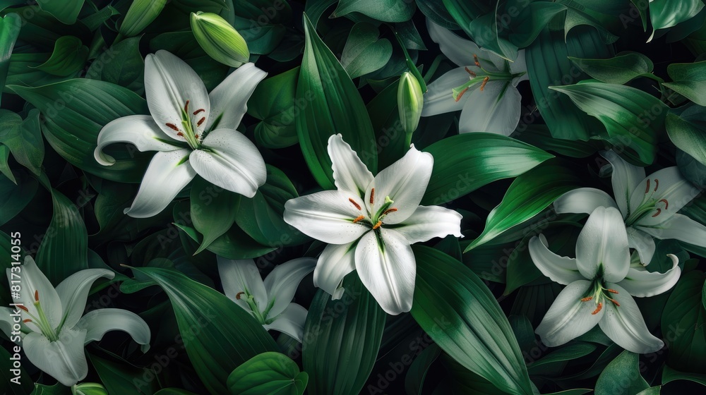 Fototapeta premium Background of green leaves and white lily flowers. Juicy bright foliage.The texture of large leaves and buds. Beauty is in nature.