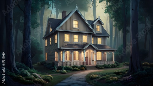 one-story house in the forest, illuminated by soft light, multi-layer paper applique. paper art, three-dimensional painting, precise and strict detailing, soft pastel colors