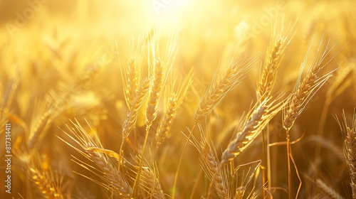 A field of golden wheat illuminated by the setting sun. Generative AI
