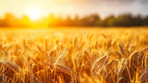 Vibrant golden wheat crops sway in the warm sunset light in a vast field. Generative AI