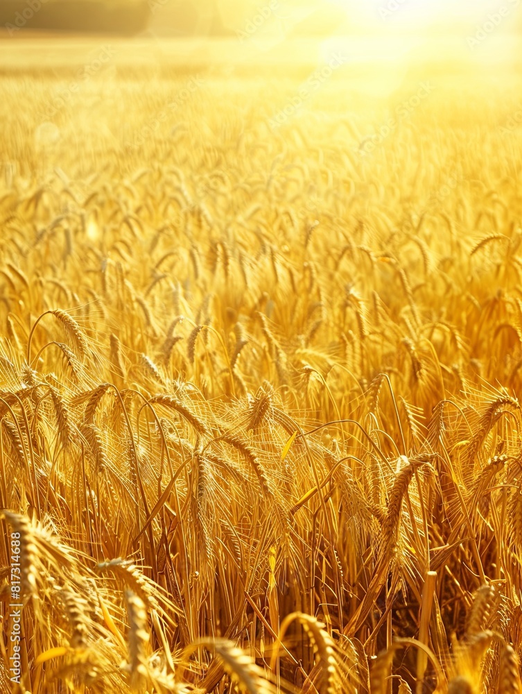 Sun setting over a vast wheat field, casting a golden hue over the ripe crops. Generative AI Sun setting over a vast wheat field, casting a golden hue over the ripe crops. Generative AI