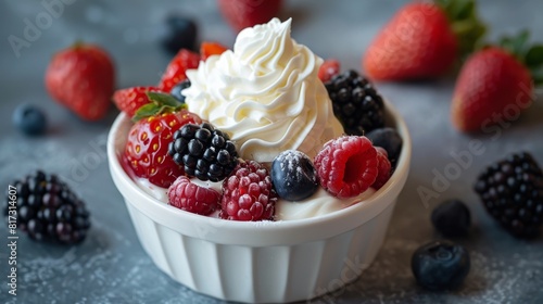 summer dessert, pudding topped with fresh berries and whipped cream brings a colorful and flavorful summer treat