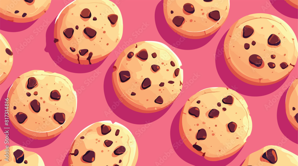 Tasty cookies with chocolate chips on pink backgrou