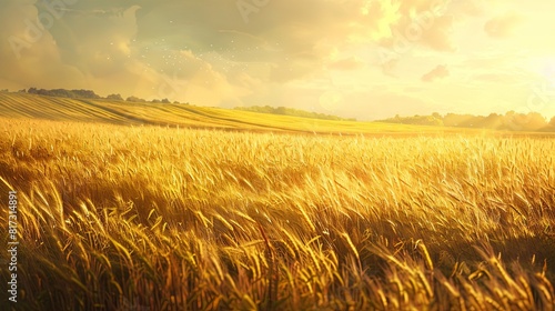 A vast wheat field glows golden as the sun sets behind it  creating a warm and luminous scene. Generative AI